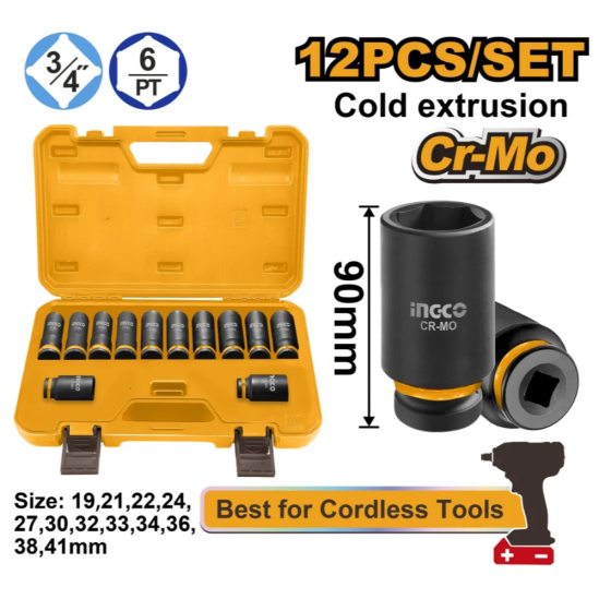 Набор ударных головок INGCO HKISSD34126L (12 предметов, 3/4")