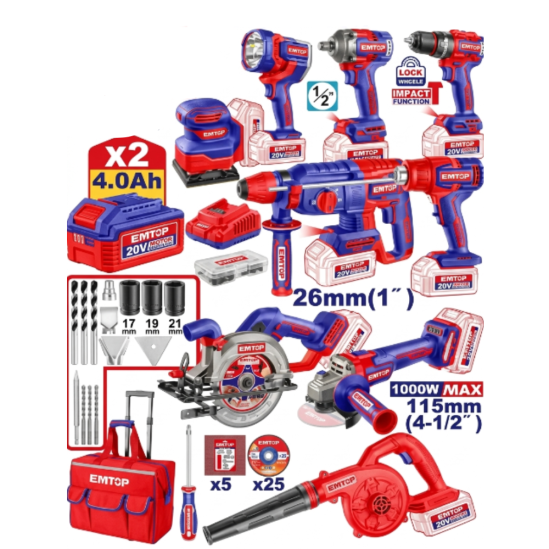 Набор аккумуляторных инструментов EMTOP ECKL250381 (9 предметов, 20В) 0