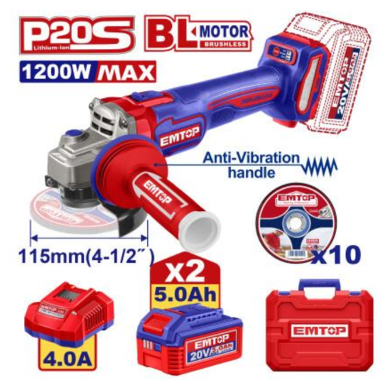 Аккумуляторная угловая шлифмашина EMTOP ELAG2120252
