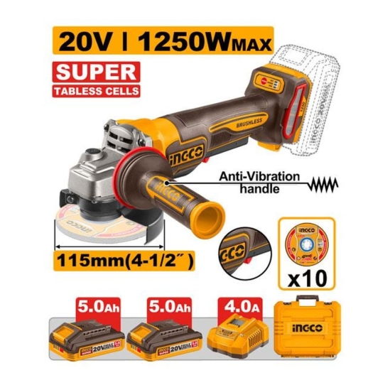 Аккумуляторная углошлифовальная машина INGCO CAGLI235162 20 В