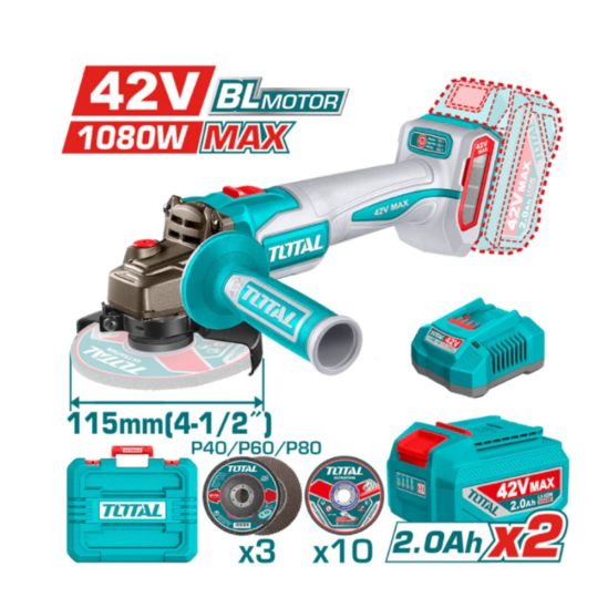 Аккумуляторная угловая шлифмашина TOTAL TAGLI4108112 42В