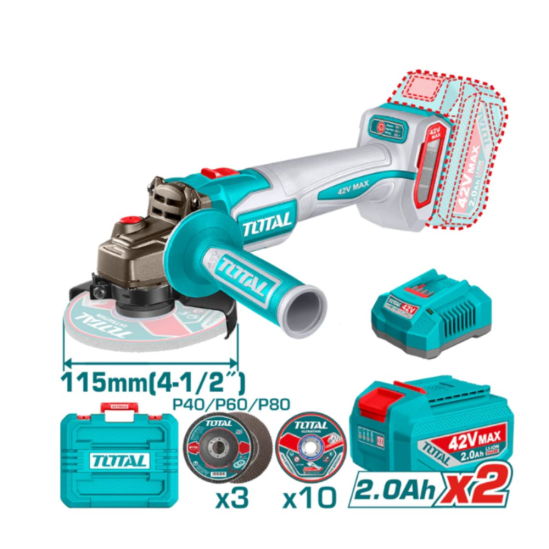 Аккумуляторная угловая шлифмашина TOTAL TAGLI4108112 42В 0